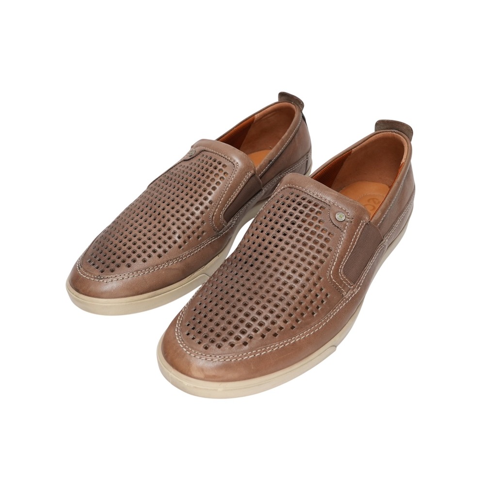 ECCO Leather Loafer Mens 46 Brown Laser Perforated Slip On Loafers Comfort Shoes